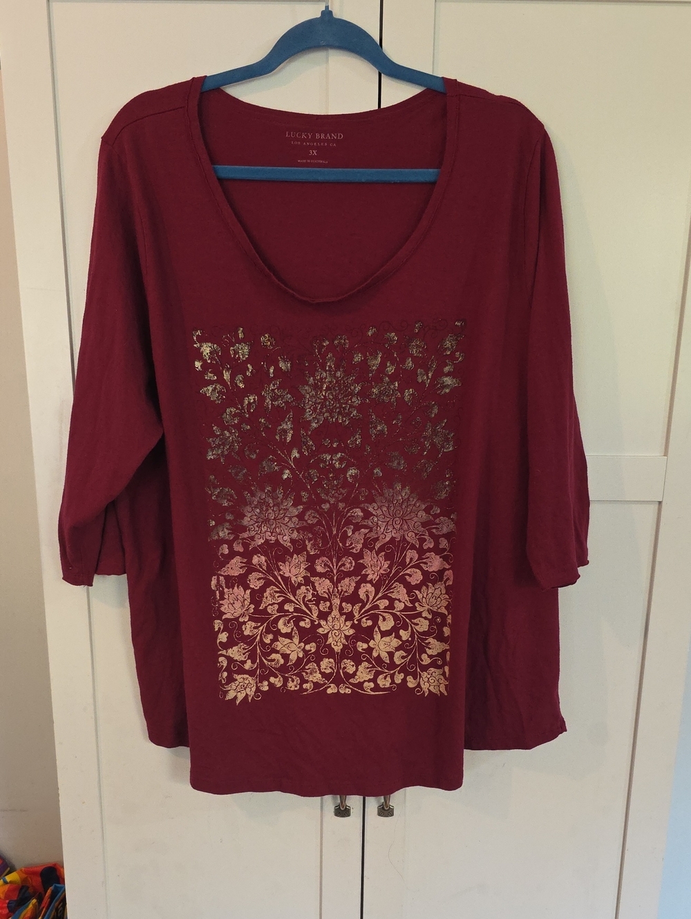 Lucky Brand Burgundy Long-Sleeve Scoop Neck Top with Gold Foil